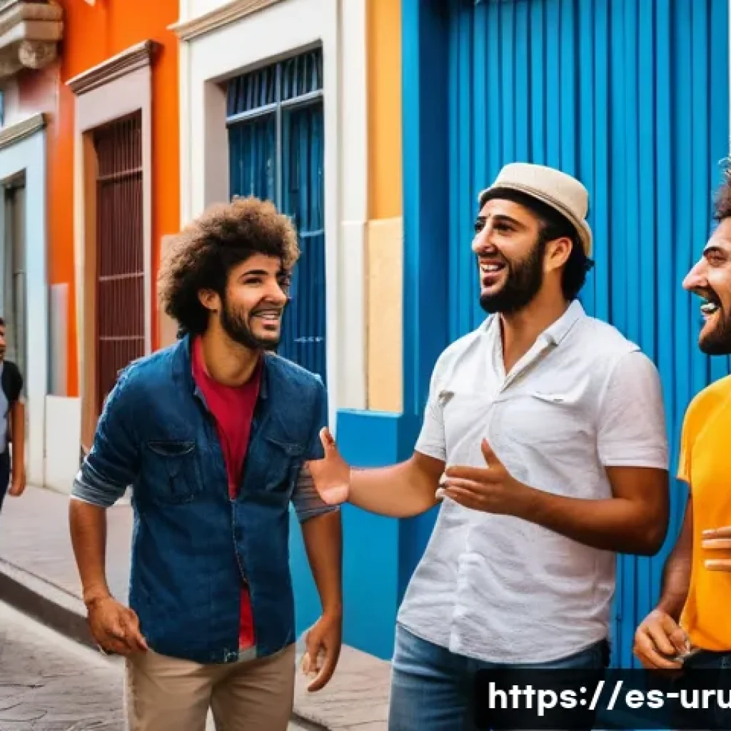 우루과이 스페인어 방언 - A lively street scene in Montevideo featuring a diverse group of friends chatting animatedly, showca...