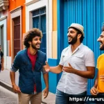 우루과이 스페인어 방언 - A lively street scene in Montevideo featuring a diverse group of friends chatting animatedly, showca...