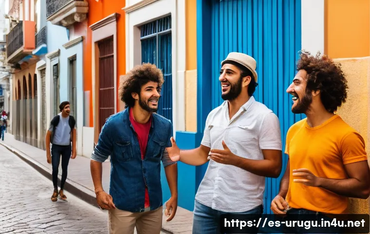 우루과이 스페인어 방언 - A lively street scene in Montevideo featuring a diverse group of friends chatting animatedly, showca...