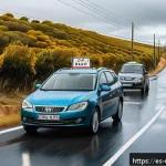 Home 20 우루과이에서 운전하기 - A detailed scene of a family car driving on a scenic rural road in Uruguay during autumn, with clear...