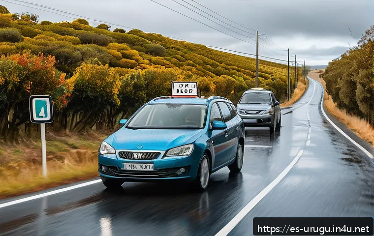 우루과이에서 운전하기 - A detailed scene of a family car driving on a scenic rural road in Uruguay during autumn, with clear...