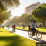 Home 19 우루과이인의 성격과 생활 방식 - A serene urban park scene in Uruguay during late afternoon, featuring diverse groups of people leisu...
