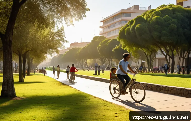우루과이인의 성격과 생활 방식 - A serene urban park scene in Uruguay during late afternoon, featuring diverse groups of people leisu...