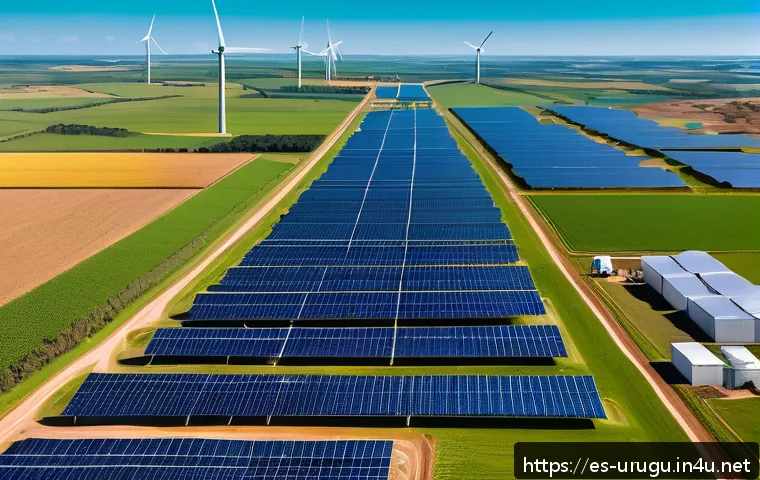 우루과이와 브라질의 관계 - A vibrant and detailed illustration of a modern renewable energy park located at the border region b...