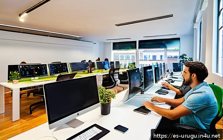 우루과이와 미국 관계 - A modern co-working innovation hub in Montevideo, Uruguay, bustling with diverse young entrepreneurs...