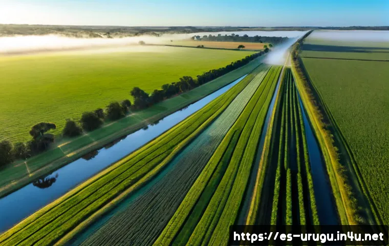 Home 17 우루과이 농업 산업 - Photorealistic wide aerial view of Uruguay’s agricultural landscape at golden morning light, neat so...