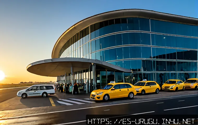 우루과이 공항 정보 - Photorealistic wide-angle exterior of a modern Uruguay international airport terminal near Montevide...