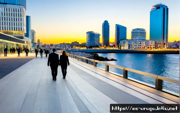 우루과이 GDP 성장률 - Photorealistic wide-angle view of Montevideo’s modern waterfront business district at sunrise, a con...