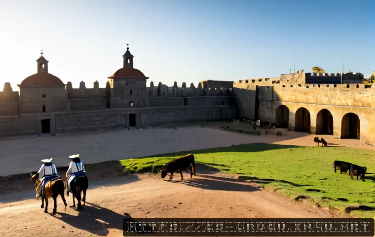 우루과이 스페인 식민지 시대 - Photorealistic historical scene of colonial-era Montevideo, Uruguay, late 18th century: Spanish ston...